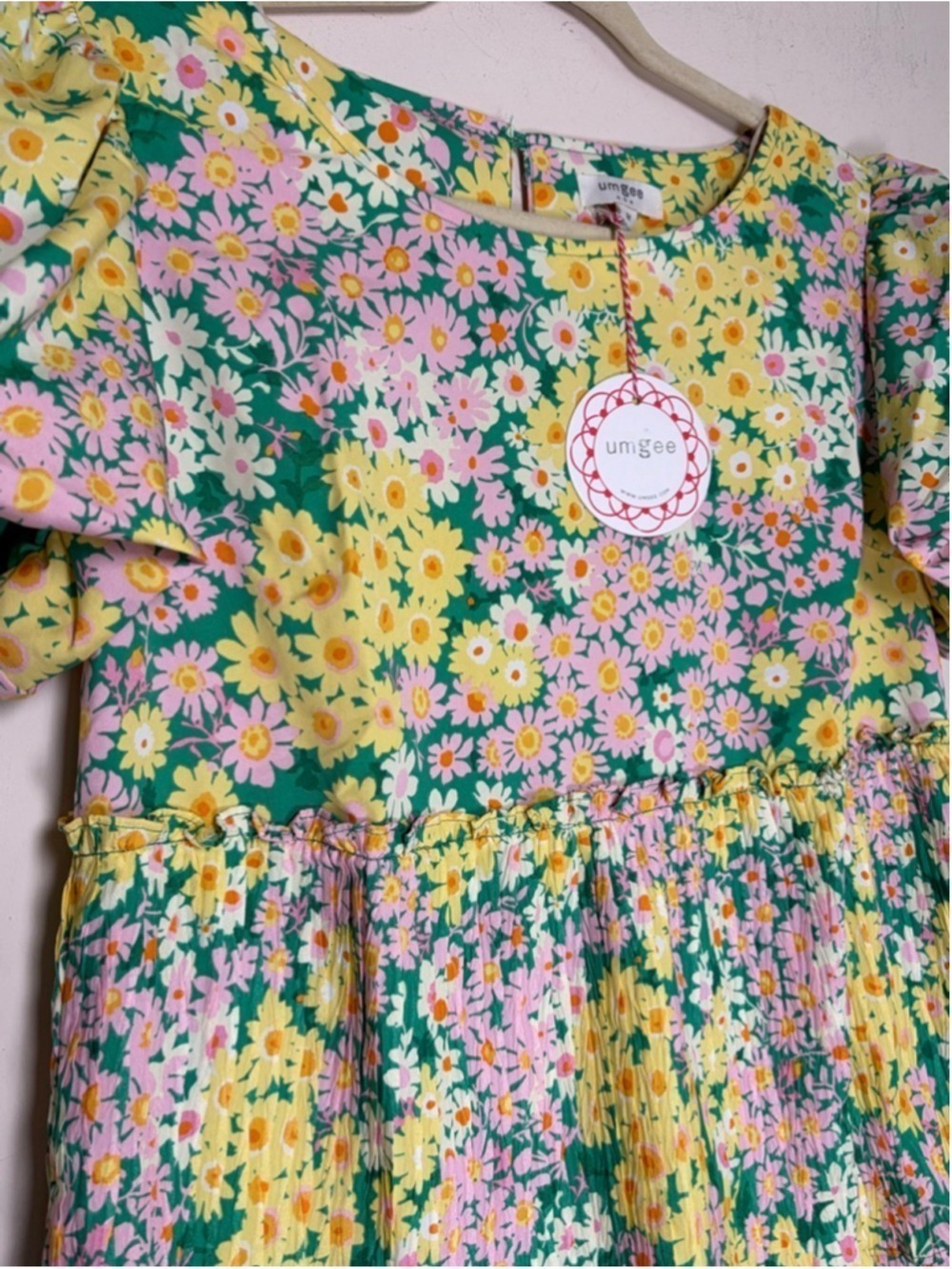 Umgee Green Ditsy Floral Cottagecore Tiered Puff Sleeve Mini Dress Size M NWT - Picture 3 of 6